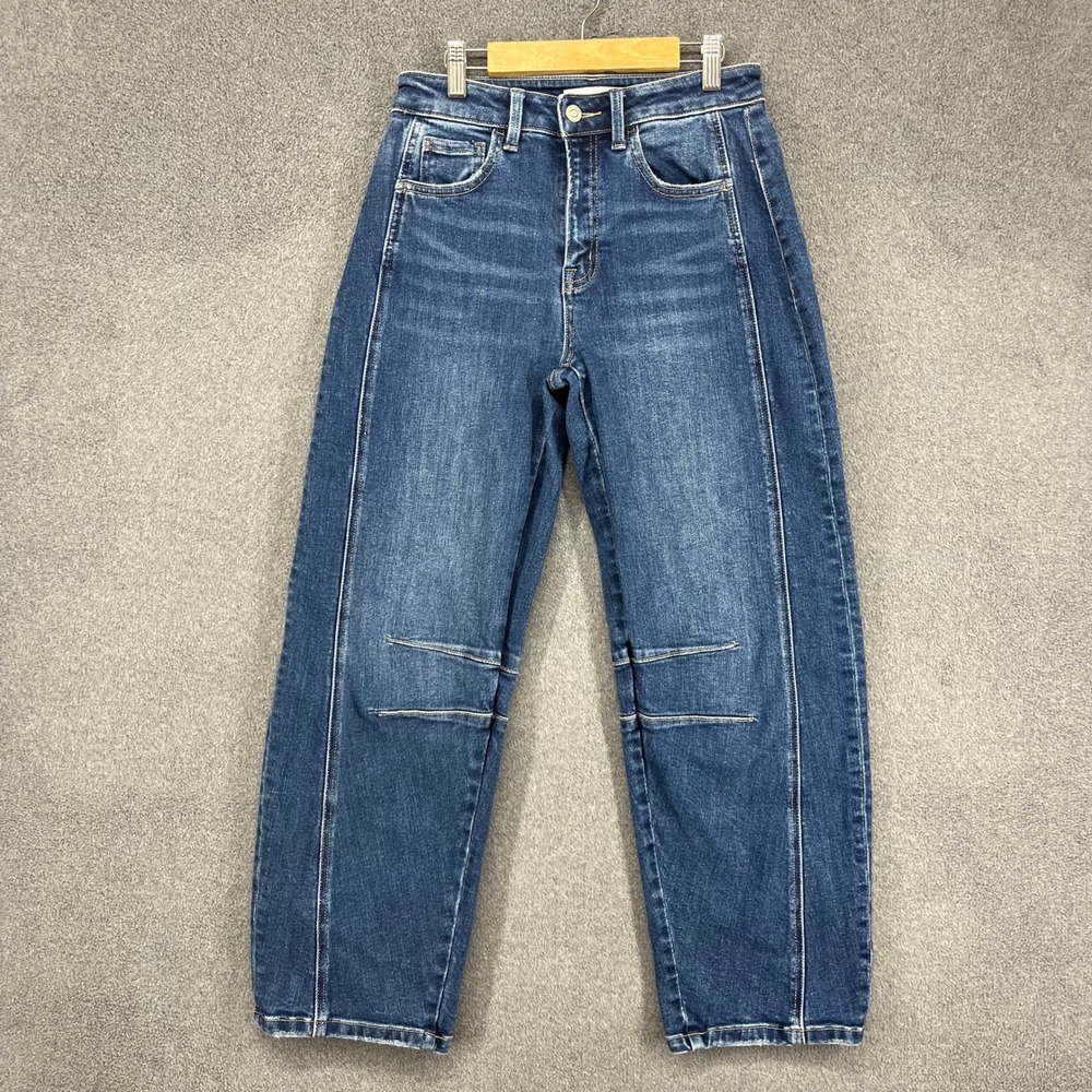 Flying Monkey Barrel Jeans Women 26 Blue Seam Detail Knee Pleat High Rise F5768D